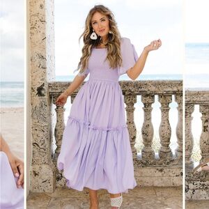 Ivy City Co. Lined with pockets smocked smocked bodice midi dress